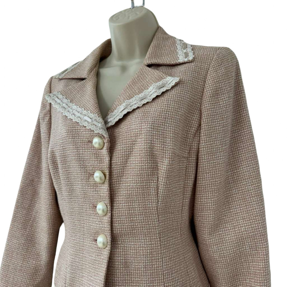Maggy London Petites Pink Vintage Tweed Lace Trim Skirt Suit Blazer Y2K sz 10 P - Picture 8 of 16